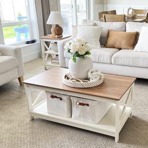 PHI VILLA Farmhouse Coffee Table for Living Room, White Coffee Tables with Storage Rustic Style Modern