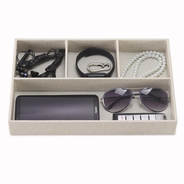 Desktop Storage Organizer, Nightstand or Dresser Organizer, Valet Tray, Entry Table Organizer, Dresser Organizer, 4 Compartments,PU Leather Drawer Storage Organizer Decorative Trays. (Pearl White)