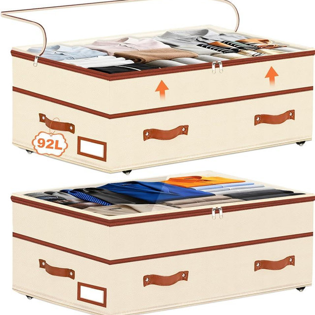 Dolicer 2 Pack Under Bed Storage with Wheels, 6in-10in Height Adjustable Underbed Storage Containers, 92L XXXL Under Bed Drawers Rolling Bin with Clear Lids for Dorm Shoes Clothes Organizers(Beige)