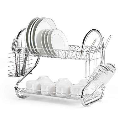 Glotoch Dish Drying Rack, 2 Tier Dish Rack with Utensil Holder, Cup Holder and Dish Drainer for Kitchen Counter Top, Plated Chrome Dish Dryer Silver 16.5 x 10 x 15 inch