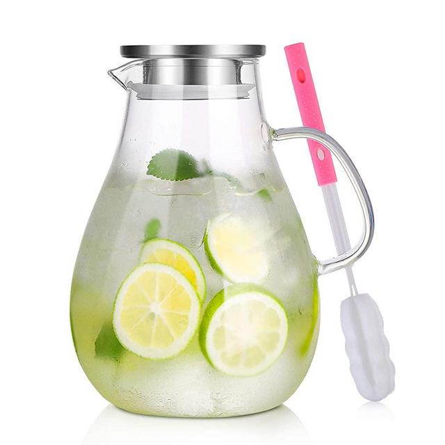 Glass Pitcher, 88OZ Glass Pitcher with Stainless Steel Lid, BEYONDA Large Capacity Water Carafe with Handle, Good Beverage Pitcher for Hot/Cold Juice, Coffee & Iced Tea, Cleaning Brush Included