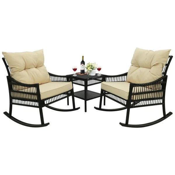 Veikous 3 pc. Outdoor Rocking Chairs Wicker Rattan Bistro Set with Cushions and Table at Tractor Supply Co