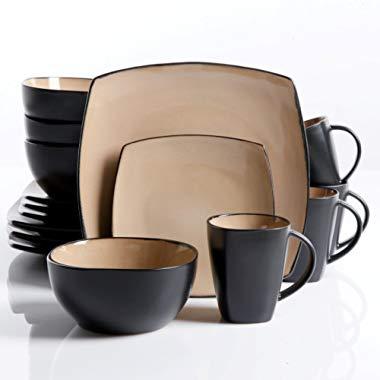 Gibson 61222.16RM Elite Soho Lounge Square 16-Piece Reactive Glaze Dinnerware Set Service of 4, Stoneware, Taupe