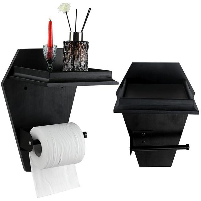 Coffin Toilet Paper Holder with Shelf - Goth Wooden Black Paper Roll Holder - Gothic Halloween Bathroom Decor - Goth Accessories Spooky Home Decor - Witchy Gifts for Women