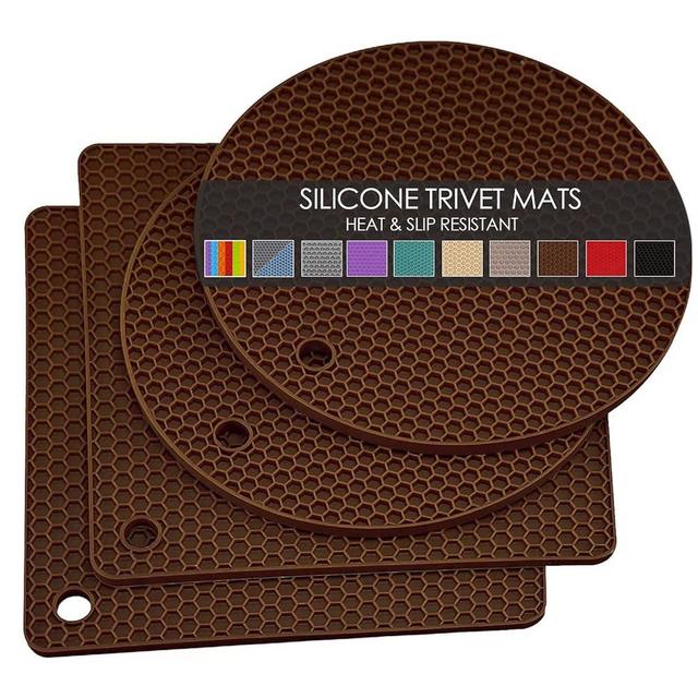 4 Pack Silicone Trivet Mats, Silicone Mat Heat Resistant Silicone Hot Pot Holders Hot Pads for Kitchen Countertop, Non-Slip Brown Silicone Trivets for Hot Pots and Pans, Hot Plate Mat Coffee Trivet