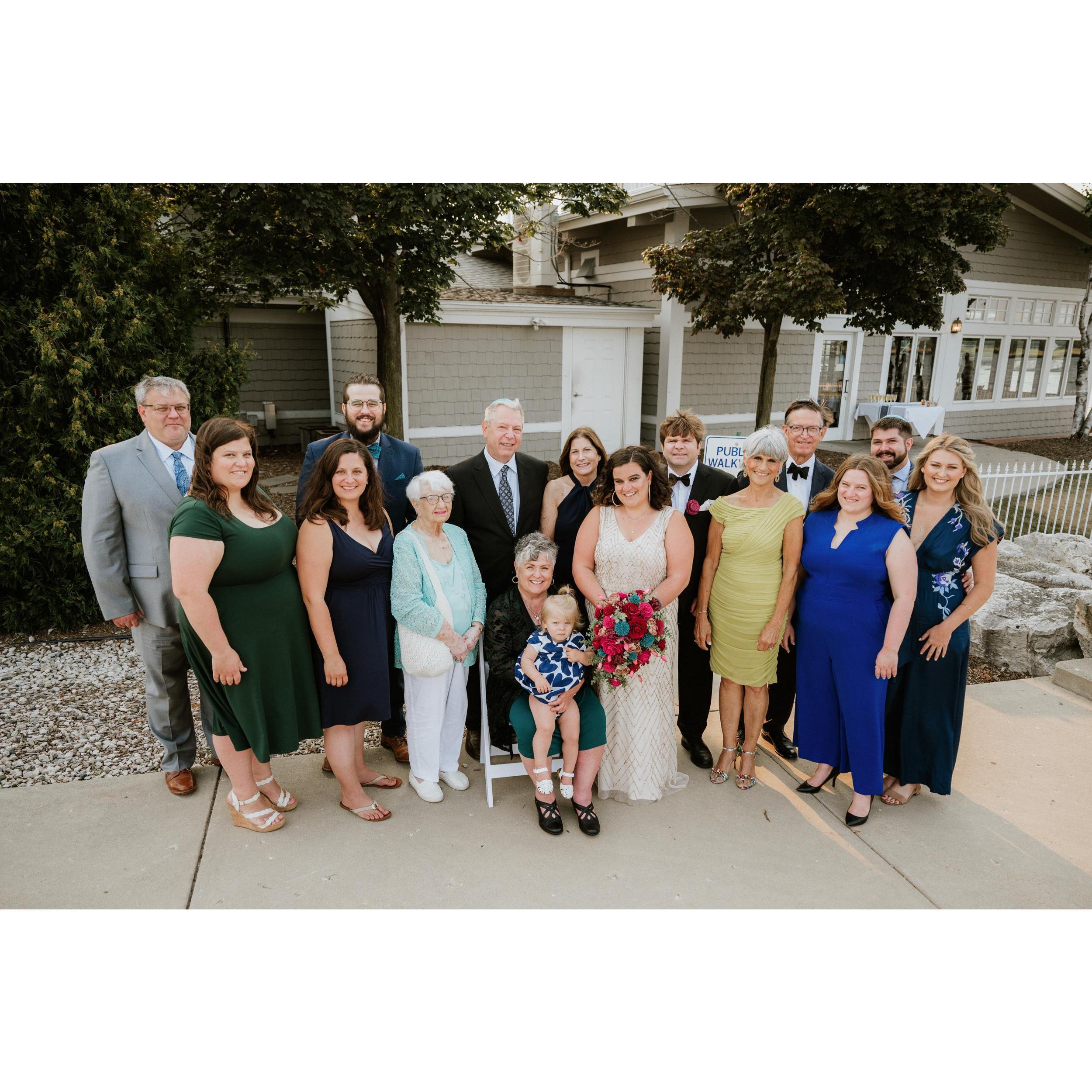 Margaret and Zach kept the guest list to immediate family.
Left to right: Josh, Claire, Ellen, Sam, Marilyn, David, Mindy, Jean, Alice, Margaret, Zach, Connie, Jim, Angela, Alex, and Jordan