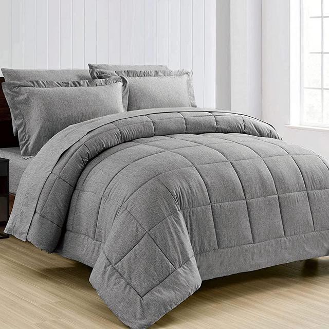 Queen Comforter Set 7 Pieces Bed in a Bag, Full/Queen Gray Bed Set with Comforter, Flat Sheet, Fitted Sheet, Pillowcases & Shams, Cationic Dyeing Grey Bedding Sets for Queen Size Bed
