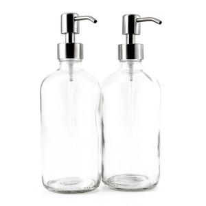 16-Ounce Clear Glass Boston Round Bottles w/Stainless Steel Pumps (2 pack), Great for Essential Oils, Lotions, Liquid Soaps