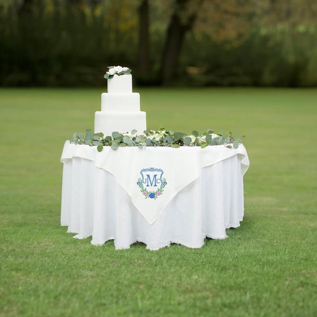 Custom Wedding Crest Design | Monogram | Watercolor Crest Embroidered | Dessert Tablecloth | Banner | Flag | Pillow | Personalized Wedding