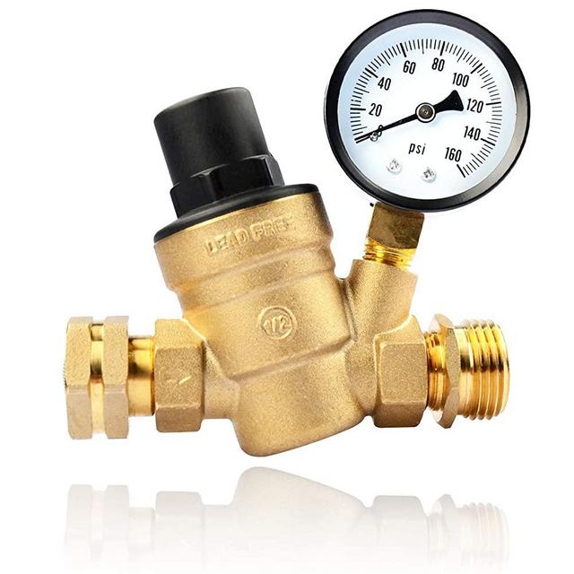 RVGUARD RV Water Pressure Regulator Valve, Brass Lead-Free Adjustable Water Pressure Reducer with Gauge and Inlet Screen Filter for RV Camper Travel Trailer
