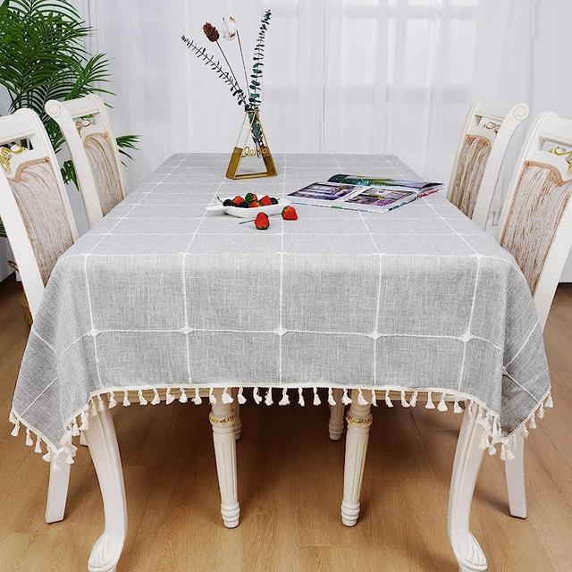 PHF Rectangle Wrinkle Free Shrink-Proof Table Cloth, Embroidery Table Covers with Tassel, Washable Linen Like Tablecloths for Kitchen, Dining, Patio, Living Room,55x102 inches,Light Grey