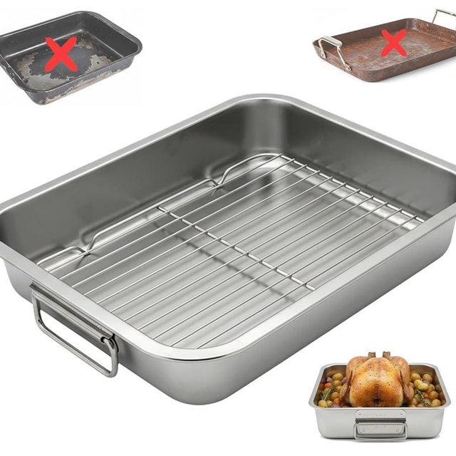 Stainless Steel Roasting Pan with Rack & Handles,15.5" x 11.6"- Food Grade No Coating Dishwasher Safe - Roaster for Turkey Chicken Meat Vegetables for Thanksgiving Christmas and Family Gatherings