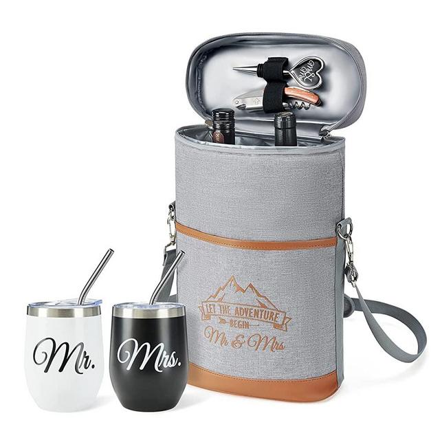 AW BRIDAL 2 Bottle Wine Cooler Bag Insulated Wine Carrier Tote for Wine Lover Wine Gifts Bag with Stemless Tumbler Wedding Gifts for Couples Birthday Gifts Anniversary Bridal Shower Gift for Women