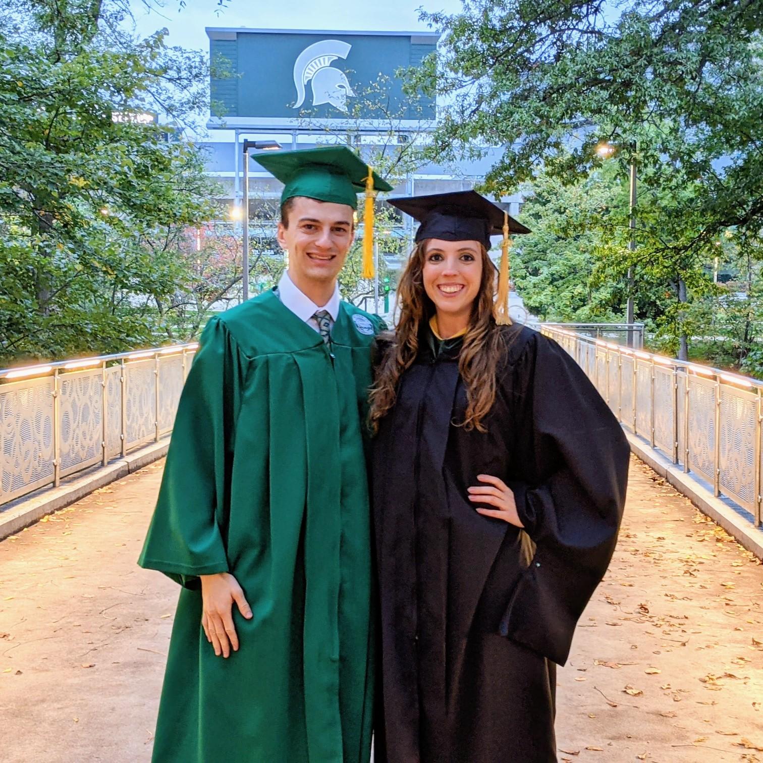 Joshua graduating with his Bachelor's and Ashleigh with her Master's