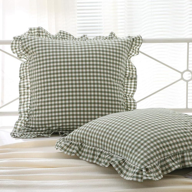 K MASANIJI 2 Pack Sage Green White Plaid Euro Ruffle Throw Pillow Covers, 100% Washed Cotton Gingham Checkered Farmhouse Decorative Pillow Shams for Bed/Sofa Zipper Closure - 22''x22''