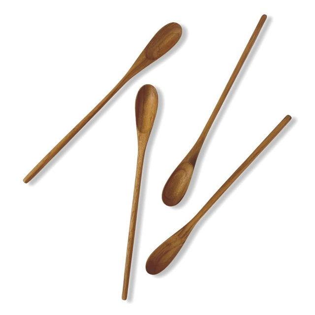 FAAY - 4 Pcs 9.5” Long Teak Spoon, Chef Testing Spoons, Handcrafted Cocktail Stirring, Tea, Drip/French Press Coffee, Milkshake, Cold Drink, Mixing Spoons