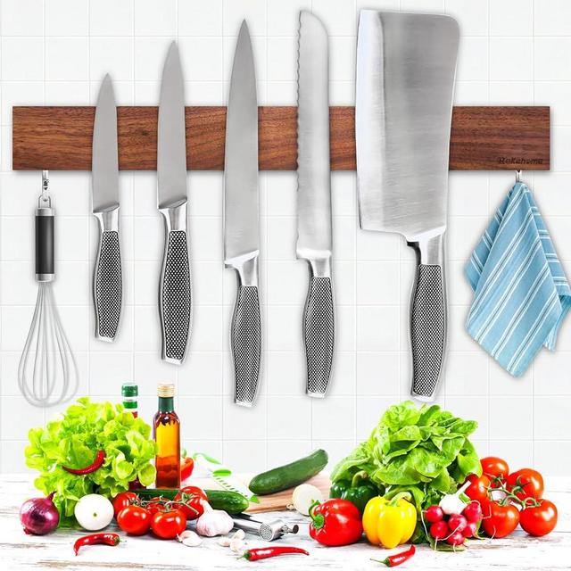 Magnetic Knife Holder for Wall, Magnetic Knife Strip No Drilling 16 Inch, Walnut Wood Magnet knife holder strip with 2 Hooks, Powerful Magnet Knife rack for Kitchen Utensils, Knives and Tools