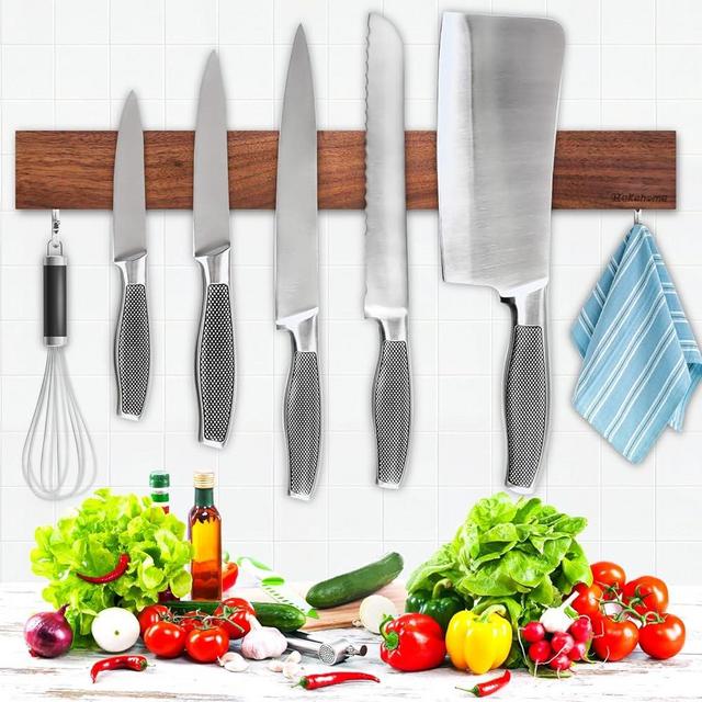 Magnetic Knife Holder for Wall, Magnetic Knife Strip No Drilling 16 Inch, Walnut Wood Magnet knife holder strip with 2 Hooks, Powerful Magnet Knife rack for Kitchen Utensils, Knives and Tools