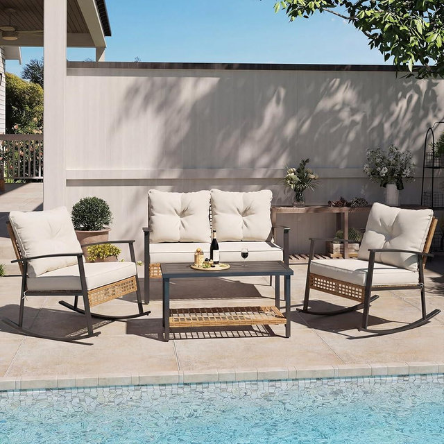 LAUSAINT HOME 4-Piece Patio Conversation Set, Comfortable Oversized Outdoor Furniture Set with Rocking Chairs and Storage Coffee Table for Backyard, Porch, Garden and Poolside