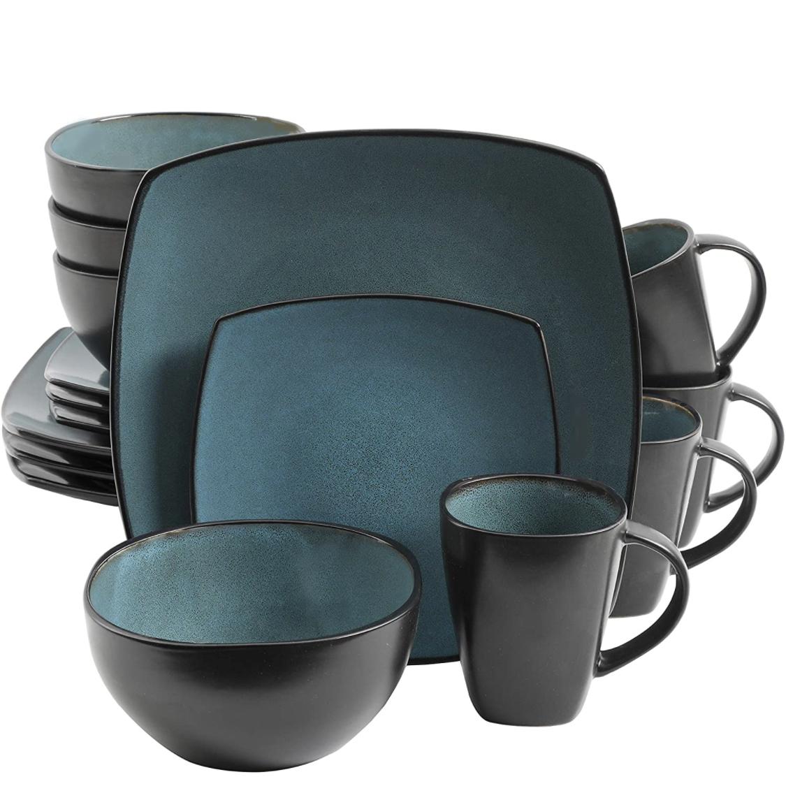 Gibson 99813. 16R Elite Soho Lounge 16 Piece Reactive Glaze Dinnerware Set, Teal/Black Tutone