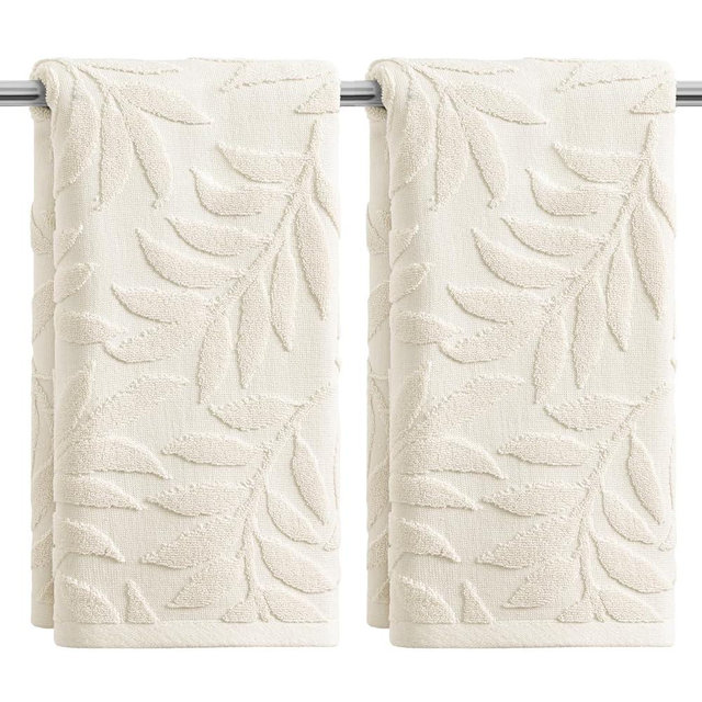 Artoid Mode 2 Pcs Beige 3D Leaves Jacquard Spring Hand Towels for Bathroom, 100% Cotton Soft Absorbent Bathroom Decor Towels, 13.7 x 29.5 Inch