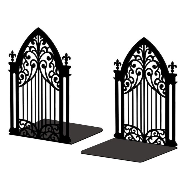 Peacoblue Metal Bookends for Shelves, Modern Decorative Heavy Duty Study Book Support Stoppers for Office, Desk, Shelf, Room 5.3"x4.3"x7.3" Cast Iron Simple Tall Bookends, 1 Pair (Gothic Gate)
