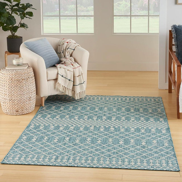Nourison Positano Indoor/Outdoor Aqua 6' x 9' Area Rug, Easy Cleaning, Non Shedding, Bedroom, Living Room, Dining Room, Deck, Backyard, Patio