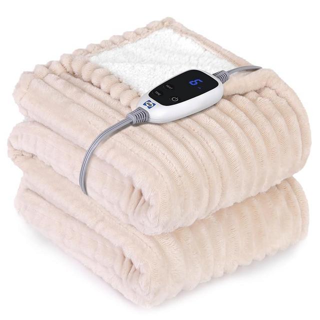 SEALY Electric Blanket Heated Throw, Soft Cozy Ribbed Flannel to Sherpa Reversible Safe Heating with 6 Heat Settings & 2-10 Hours Auto-Off Over-Heat Protection, Machine Washable, 50"x60" Beige