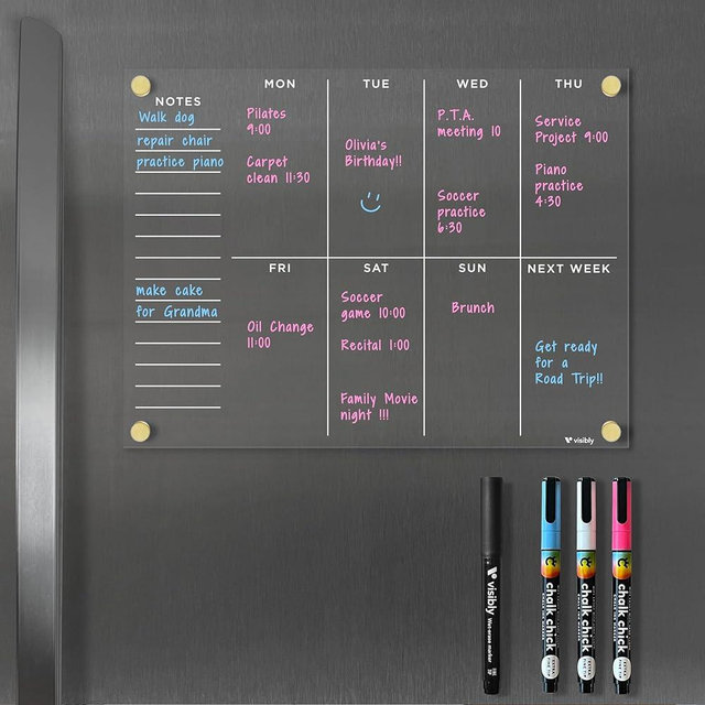 Visibly Magnetic Acrylic Weekly Planner for Fridge with Notes, 9” x 12” Clear Refrigerator Planning Board, Includes 4 Magnetic Wet-Erase Markers, Black Corner Magnets