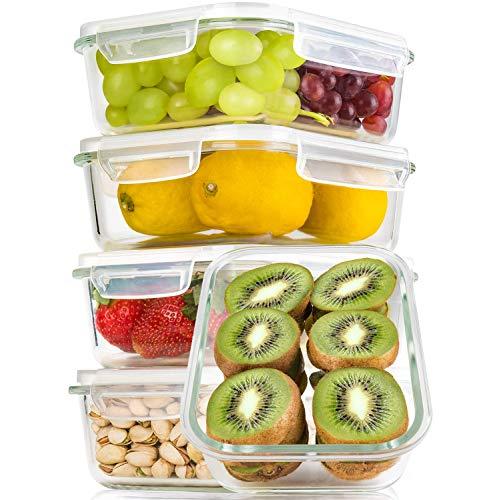 Bayco Large Glass Meal Prep Containers, [5 Pack, 36oz | 4.5cups] Glass Food Storage Containers with Lids, Airtight Glass Bento Boxes, BPA Free & FDA Approved & Leak Proof (5 lids & 5 Containers)