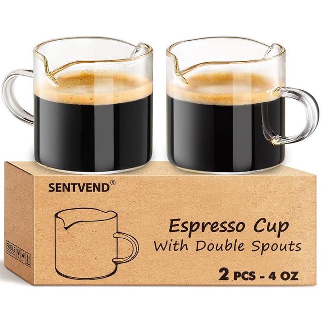 SENTVEND Espresso Cups Set of 2, 4 Oz Espresso Shot Glass with Handle Double Spout Cups Clear Glass Milk Cup Coffee Accessories Great for Making Coffee Desserts Salad Dressing