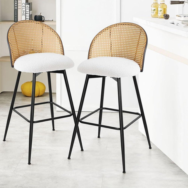 Bekrvio Swivel Bar Stools Set of 2, Mid Century Modern 29" Bar Chairs with Rattan Back and Metal Legs, Upholstered Boucle Fabric Barstools Island Stools for Kitchen Counter, Home Pub, White