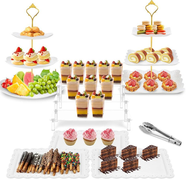 Xoogifae 7pcs Dessert Table Display Set, 2pcs Tiered Cupcake Stand Holder Tower, 1pc Acrylic Dessert Display Riser, 3pcs Serving Trays, 1pc Tong Combo For Wedding Party Birthday Bride Baby Shower