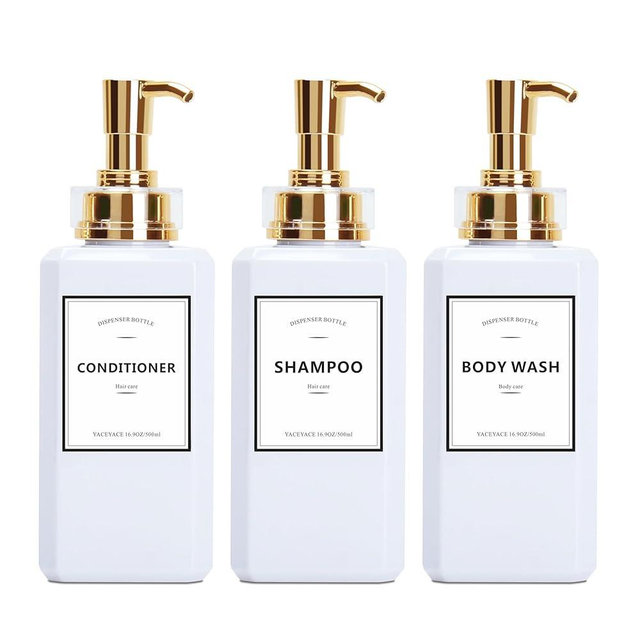 White Shampoo and Conditioner Dispenser with Gold Pump YACEYACE 16.9oz Set of 3 Empty Shower Bottles, Elegant Boutique Shampoo Dispenser for Bathroom, Lotion Conditioner, Body Wash Soap
