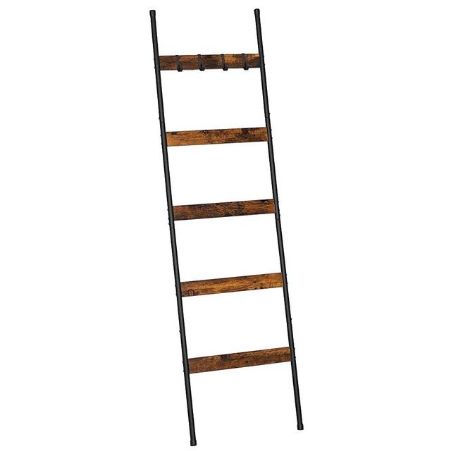 Blanket Ladder for Living Room, ELYKEN Farmhouse 5 -Tier Quilt Holder with 4 Removable Hooks for Bathroom, Black Wood Towel Rack Display, Wall Anchor Leaning Decorative Stand for Home Decor