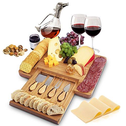 Home Euphoria Natural Bamboo Cheese Board and Cutlery Set with Slide-out Drawer. Serving Tray for Wine, Crackers, Charcuterie. Perfect for Christmas, Wedding & Housewarming Gifts.