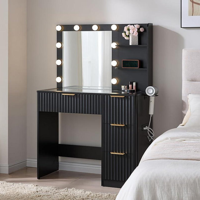 AMERLIFE 36.2" Fluted Vanity Desk with Mirror and Adjustable LED Lights, Large 4 Drawers Makeup Vanity Table with Glass Top and Charging Station for Women and Girls, Bedroom or Dorm, Black