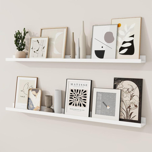 RICHFOCUS Picture Ledge Shelf, 48 inch Floating Shelves Set of 2, Wood Wall Shelves with Lip, Wall Decor Storage for Bedroom Living Room Bathroom Kitchen Nursery Photo Picture, White