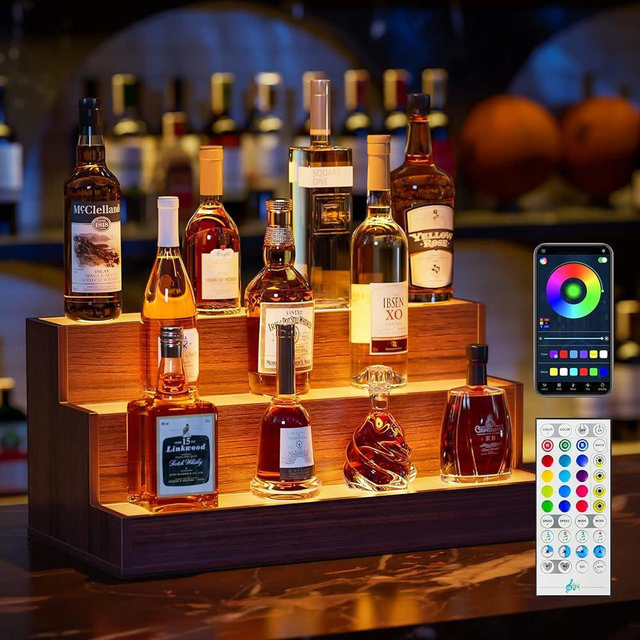 Cubehom LED Lighted Liquor Bottle Display Shelf Bar Display Shelf DIY Illuminated Bottle Shelf with App & Remote Control for Home Bar, Party, Walnut