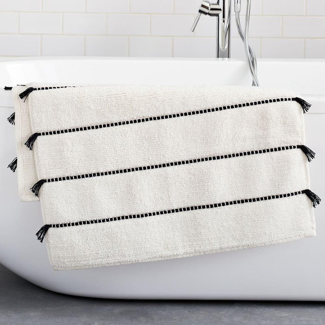 Organic Tassel Stripe Bath Mat, White, 24"x64"