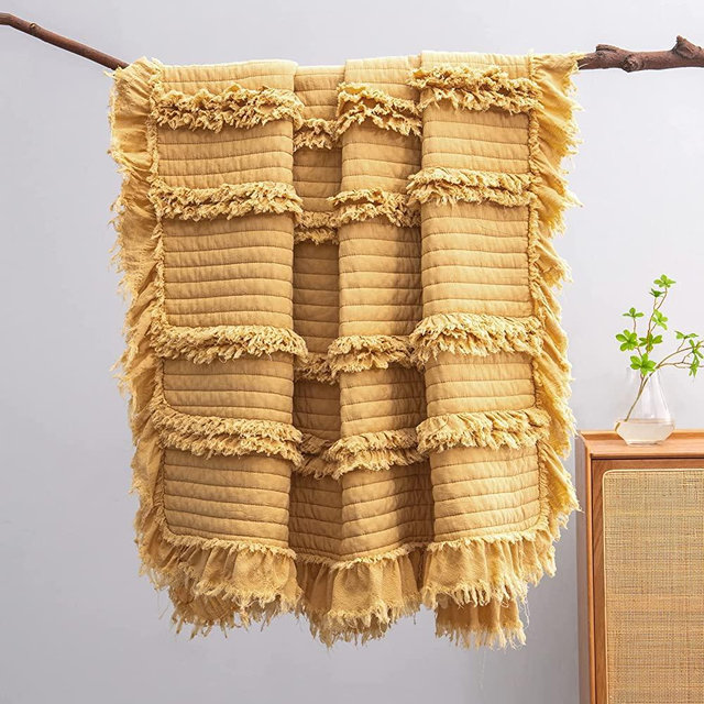 Ultra Soft Pre-Washed Quilted Throw Blanket, Ruffle Fringed Yellow Boho Decorative Throw, Stone Washed Chic Rustic Blanket for Sofa Couch Bed Chair, 50"x 60"