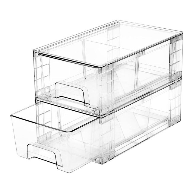 2 Pack Stackable Storage Drawers,Plastic Organizers Bins, Drawers Storage with Handles and Movable Dividers for Organization and Storage in Fridge,Dressers, Pantry, Kitchen Cabinets, Under Sink