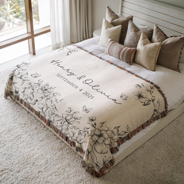 Personalized Wedding Blanket with Names & Date, Anniversary Engagement Throw, Custom Couple Gift, Bridal Shower or Bachelorette Present