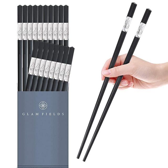10 Pairs Fiberglass Chopsticks, GLAMFIELDS Reusable Chop sticks Dishwasher Safe, Non-slip, 9 1/2 inch (Silver)