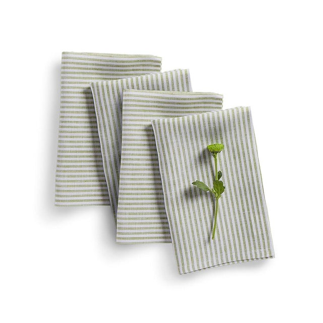 Solino Home Stripe Linen Dinner Napkins Set of 4-100% Pure Linen Avocado and White Cloth Napkins 20 x 20 Inch - Narrow Stripe, Handcrafted and Machine Washable