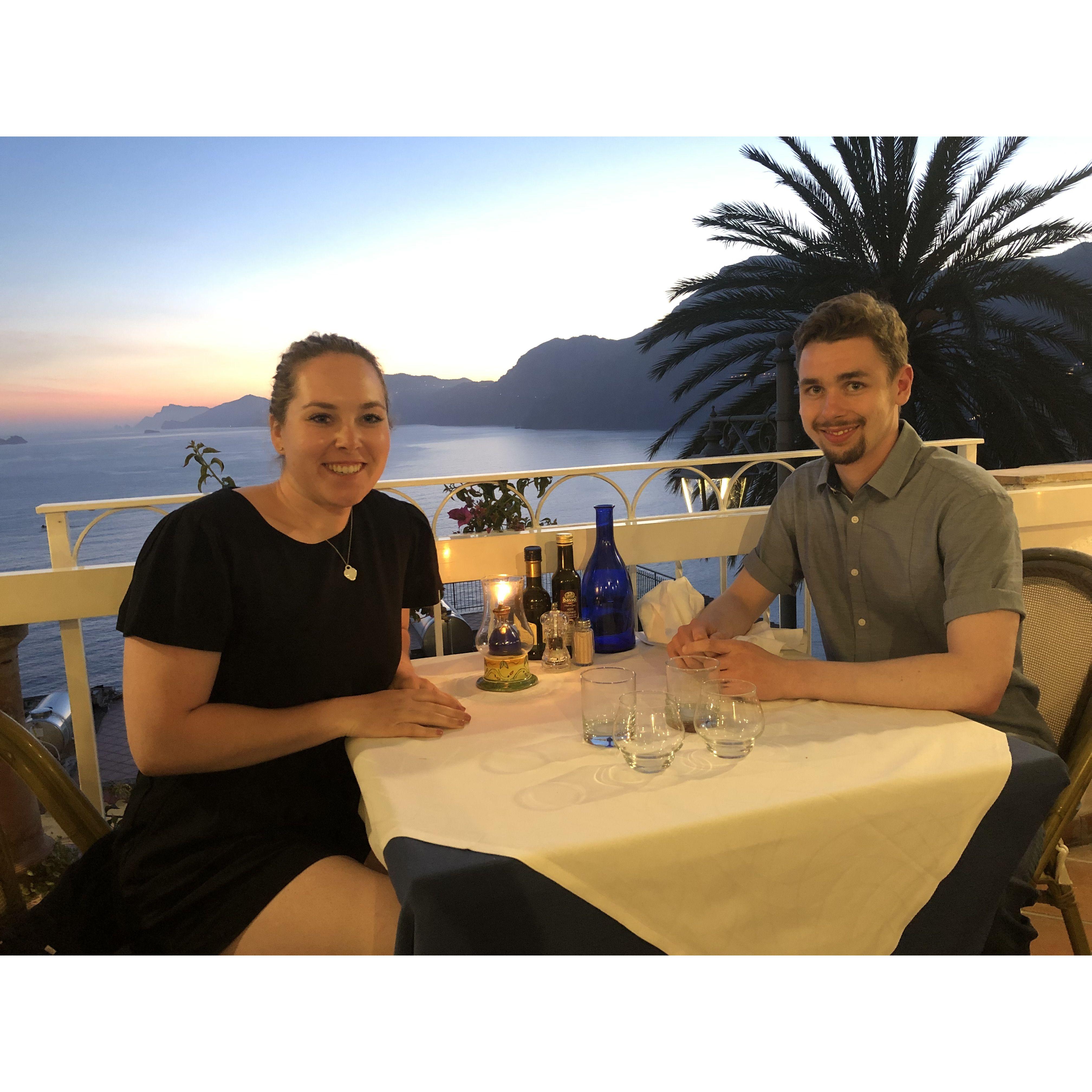 Olivia and Vince in Praiano on the Amalfi Coast in Italy in 2019. Olivia had the best clam linguine of her life at dinner.