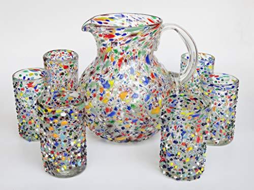 MexHandcraft Blown Glass Large 118oz Confetti Rocks Pitcher and 6 Drinking Glasses Set