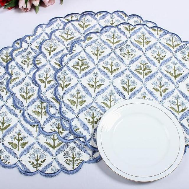 Ridhi Bo-ho Round Place Mat Double Layer Floral Cotton Washable Placemats 15" Round Embroidery Block Print Table Mat (Pack of 4-15 Inch Round, Light Steel Blue)