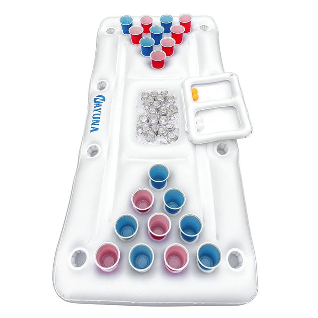NAYUNA Pong Floaty for Pool with Cooler & 20 Party Cups - Inflatable Pool Pong Table Summer Party Pool Games Accessories for Adults 6 Feet Inflatable Pool Lounge Float, 4 Ping Pong Balls, 20 Cups