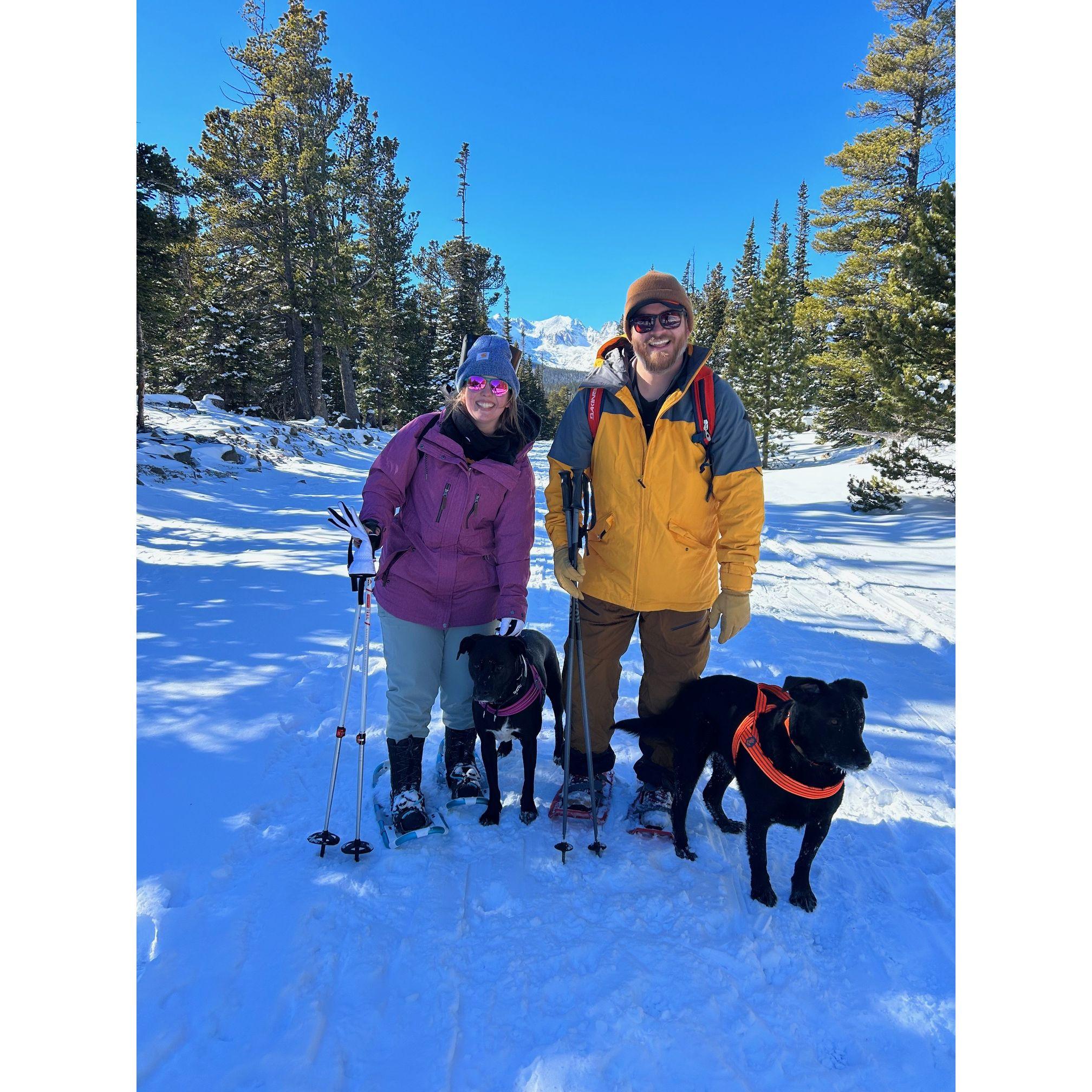 Snowshoeing during our first CO winter together! The dogs are still big fans.